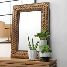 a mirror sitting on top of a wooden dresser next to a potted green plant