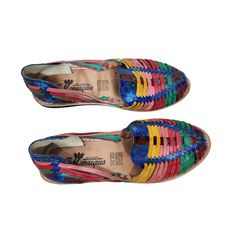 "Made in Mexico for Monarquia, leather huaraches with multicolor strands. Tagged 8 - fits 8. 10 1/4\" x 3 1/4\" measured outside rubber bottom.  * Good preowned vintage condition with no major flaws to note. Usual wear consistent with age. Sold as is. * FINAL PRICE as listed. No discounts. *ALL SALES FINAL. NO RETURNS or exchanges.  * Please review all pictures as they are part of the listing. Ask questions! * Please review all shop policies before completing transaction.  * Bundle up for combin Woven Leather Shoes, Mexican Shoes, Mexican Sandals, Multicolor Shoes, Women's Slip Ons, Blue Trench Coat, Platform Loafers, Brown Leather Boots, Black Leather Jacket