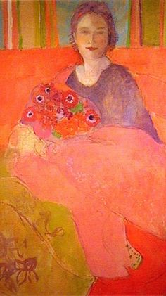 a painting of a woman sitting on a couch holding a bouquet of flowers in her lap