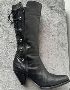 Size: 6.5 Brand: Charlie 1 Horse Closure: Side zipper  Condition: Pre-owned vintage great. Soles a little worn, but leather is in great shape. Measurements: Height 16". Heel 3". Heel to toe from exterior 10". Fitted Leather Gothic Boots, Fitted Gothic Leather Boots, Gothic Leather Lace-up Moto Boots, Gothic Lace-up Leather Moto Boots, Leather Moto Boots For Winter Festival, Gothic Leather Boots For Fall, Vintage Leather Moto Boots For Biker Events, Gothic Leather Moto Boots For Fall, Leather Festival Boots With Rivets