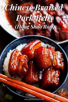 two bowls filled with meat and rice next to chopsticks on a table top