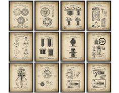 nine framed blueprints of clocks and dials from the early 1900's