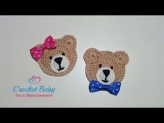 two crocheted teddy bears with bows on their heads, one is brown and the other is blue