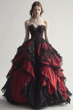 Red Ballroom Gown, Black And Red Quinceanera Dresses, Vamp Wedding, Goth Weddings, Red Ballroom Dresses, Red Gothic Dress, Gothic Ball Gown, Red And Black Gown, Drag Outfits