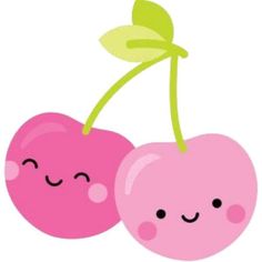 two cherries with faces drawn on them, one is pink and the other is green