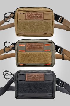 three different types of fanny bags with straps on each side and one in the middle