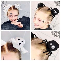 Wacky Halloween Hair, Girls Ghost Hair Buns, Kids Spider Hair, Halloween Wacky Hair Day, Halloween Spider Hair Bun, Halloween Hairstyles Ideas, Spider Buns Hair, Halloween Hairdos For Kids, Spider Crazy Hair Day