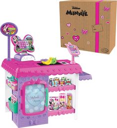 a toy shop with minnie mouse toys and a cardboard box