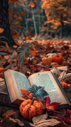 an open book sitting on top of a pile of leaves next to pumpkins and trees