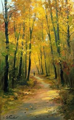 an oil painting of a path in the woods with trees and leaves all around it