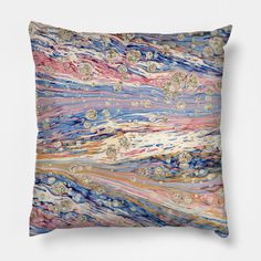 a pillow with an abstract painting on the front and back cover in blue, pink, yellow and white