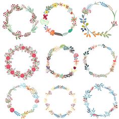 floral wreaths and frames with flowers on white background, set of six different designs