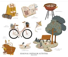 various outdoor activities are shown in this graphic art print, which includes bicycles and picnics