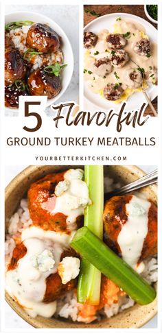 five different types of turkey meatballs with sauces and gravy on top