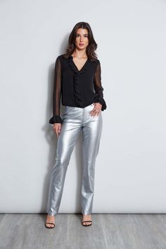 These will be the glam pants you can't get out of your head. Soft to the touch, you will fall in love with our Metallic Stretch Twill Pant. The jean styling & modern straight leg cut give it a cool vibe perfect for pairing with our luxe cashmere sweaters or crepe blazers. Elie Tahari Exclusive Silver Metallic Stretch Twill Pant 76% Polyester, 18% Viscose, 3% Elastane, 3% Polyurethane Runs true to size. Model is 5'9" and wearing size 2. Measurements: 11.5"L Front Rise, 32.5"L Inseam (approx. leng Get Out Of Your Head, Silver Pants, Metallic Jeans, Crepe Blazer, Metallic Pants, Single Button Blazer, Twill Pants, Elie Tahari, Blazer Buttons