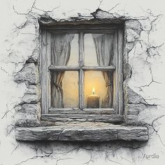 an old window with a lit candle in the window sill and cracked concrete wall