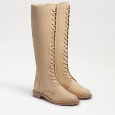 New. Original Box. Cream Riding Boots, Sam Edelman Tall Boots, Cream Boots Tall, Classic Leather Lace-up Boots For Spring, Beige Lace-up Boots With Cushioned Footbed, Classic Beige Lace-up Boots, Tall Lace Up Boots, Timeless Boots, Sam Edelman Boots