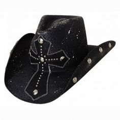 The No Mercy from Bullhide is fantastic choice of hat with a rocker’s edge. This distressed hat from Bullhide has a large cross patch with matching stud accents and matching studs on the under brim. Add some flair to any outfit with either the black hat, made of Bangora Straw or the Pecan made of Shantung Panama. Western Hat Styles, Hats Cowgirl, Sombrero Cowboy, Straw Cowgirl Hat, Girls Cowgirl Boots, Goth Cowboy, Black Straw Hat, Leather Cowboy Hats, Black Cowboy Hat