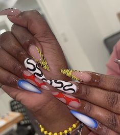 Primary Color Nails Design, Almond Freestyle Nails, Almond Junk Nails, Rhianna Nails, Freaknik Nails, Patchwork Nails, Graphic Nails, Curve Nails