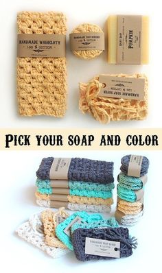 some crocheted items are shown with the words pick your soap and color