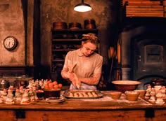 a woman in an old fashioned kitchen preparing food