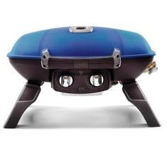 a blue barbecue grill with two burners on the side and one in the middle