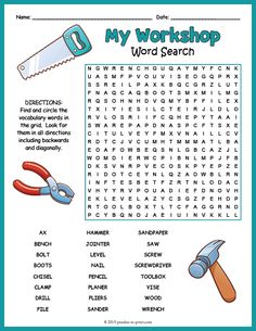 a worksheet for the word search is shown with tools and words on it