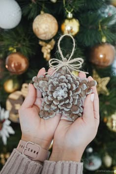 a person holding up a pine cone ornament in front of a christmas tree