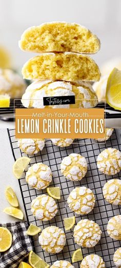 lemon crinkle cookies stacked on top of each other with the words melt in your mouth