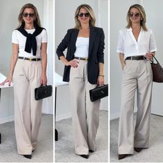 How To Wear Beige Pants, Beige Bottom Outfit, Tan Slacks Outfit, Cream Slacks Outfit, Wide Leg Office Outfit, Cream Pants Outfit Work, Goop Fashion, Light Beige Pants Outfit, Cream Trouser Outfit Women