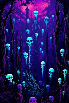 a bunch of skulls that are in the woods with purple and blue lights on them