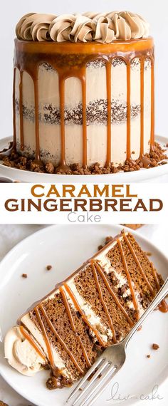 there is a cake with caramel and gingerbread icing on it