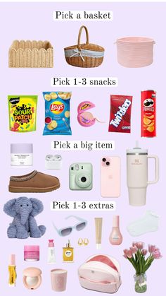 the contents of a purse and other items are shown in this graphic above text that says, pick a basket pick 1 - 3 snacks pick a bag