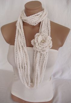 Crocheted Scarf, Infinity Rope Scarf, Chain Scarf (White) by Arzus Style Crocheted Scarf, Chain Scarf, Scarf Infinity, Crochet Infinity Scarf, Scarf Women Fashion, Handmade Scarves, Crochet Cowl, Scarf Pattern, Crochet Scarves