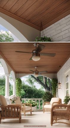 an outdoor covered porch with wicker furniture and ceiling fan