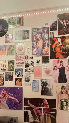 the wall is covered with many pictures and magnets on it's side,