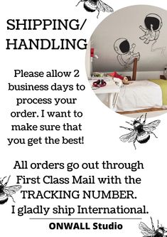 a poster with the words shipping / handling on it and pictures of bees flying around