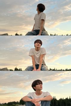 three different shots of a boy sitting on the ground with his arms crossed and eyes closed