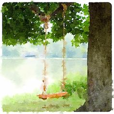 a watercolor painting of a tree swing