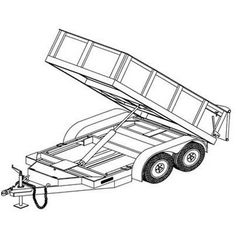 an outline drawing of a dump truck with the hood open and wheels down, on a white background