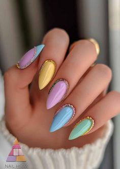 Make a statement this spring with these vibrant and colorful almond-shaped nails, featuring a sparkling rhinestone border for an extra dazzle. #ColorfulNails #SpringNailDesigns #AlmondShapedNails French Tip Manicure, Silk Wrap Nails, Nail Piercing, Latest Nail Trends, Nail Oil, Tip Nails