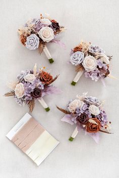 the bridal bouquets are arranged on top of each other, including purple and white flowers