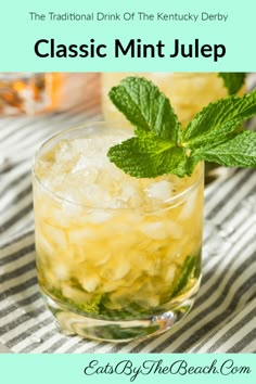 two glasses filled with minty lemonade and ice on top of a striped table cloth