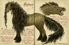 a drawing of a horse with long hair and claws on it's back legs