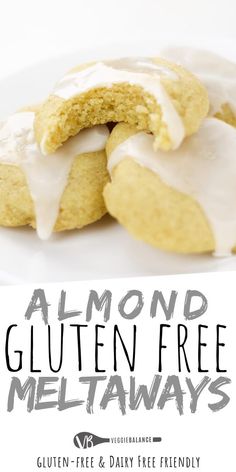 gluten free cookies with white frosting on top and the text almond gluten free melt - aways