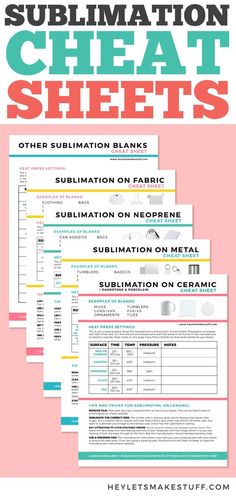 the ultimate guide to sublimation sheet sheets with text overlaying them on pink background