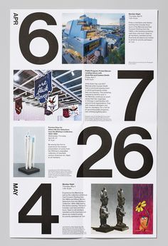 an open magazine with black numbers and pictures on the front page, including two sculptures