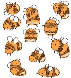 a bunch of bees that are drawn in different stages and sizes, each with their own head