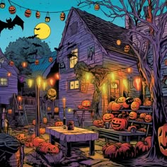 a halloween scene with pumpkins on the ground