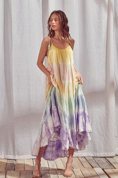 Rainbow layered maxi with tie tassels. rayon Mode Batik, Color Block Maxi Dress, Pastel Tie Dye, Tie Dye Colors, Rainbow Tie, Tie Dye Maxi Dresses, Tie Dye Maxi, Rainbow Dress, Empire Dress